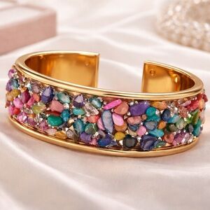 Gold Tone Multicolor Stone Cuff Bracelet Chunky Colorful Statement Bangle